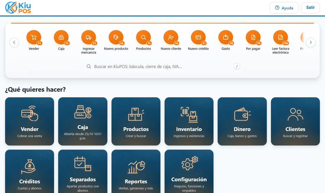 La pantalla de Inicio de KiuPOS con los accesos rápidos y los módulos