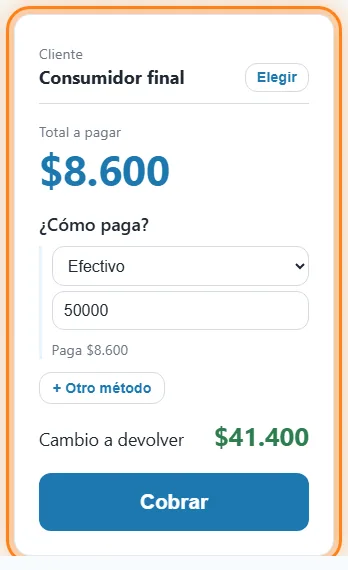 El cobro de una venta en KiuPOS: total a pagar, cómo paga y el cambio